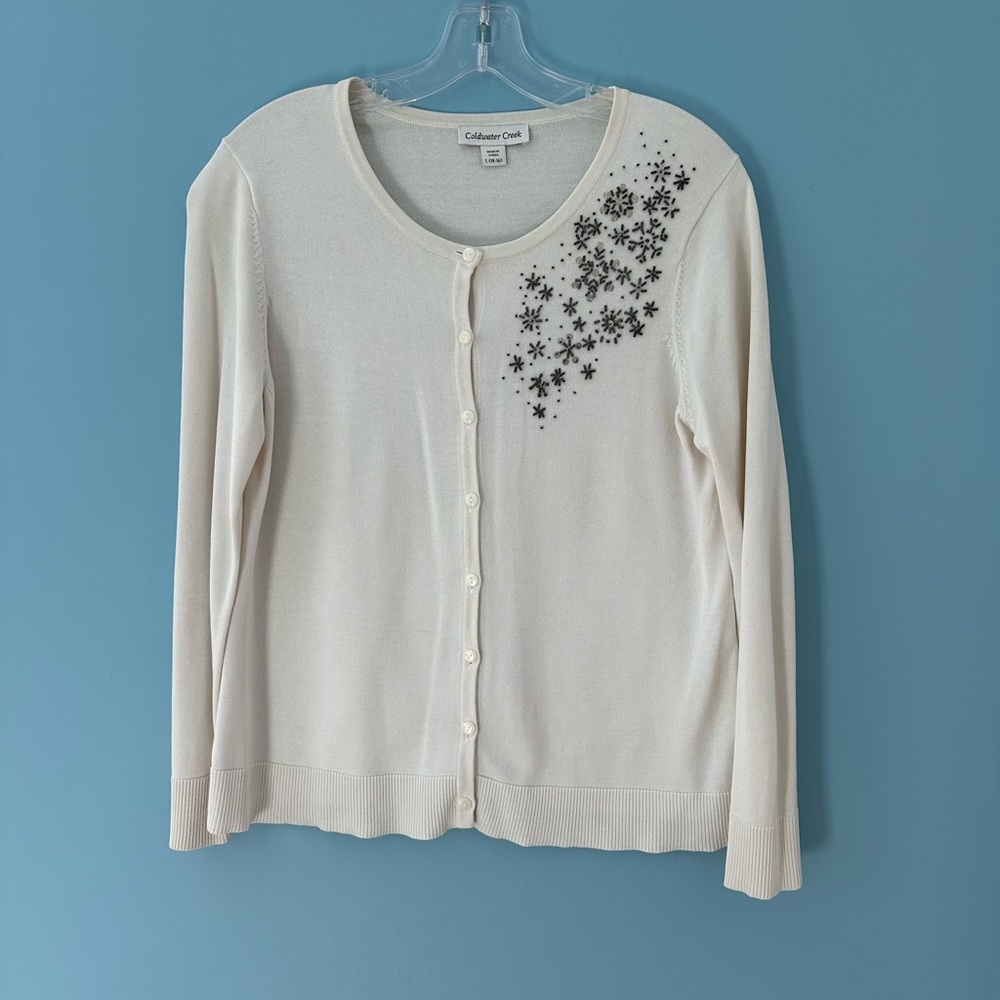Coldwater Creek Cream Cardigan with Grey Snowflake Bead Accents